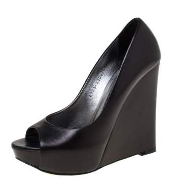 Pre Owned Gina Black Leather Peep Toe Wedge Platform Pumps Size 38.5
