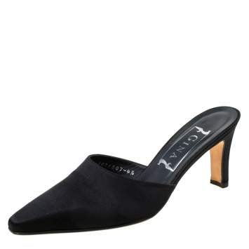 Pre Owned Gina Black Satin Pointed Toe Slip On Mules Size 37.5
