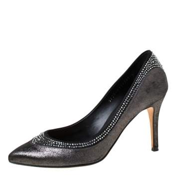 Pre Owned Gina Crystal Embellished Textured Fabric Pointed Toe Pumps Size 37