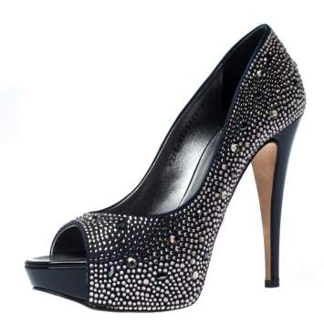 Pre Owned Gina Blue Satin Crystal Embellished Peep Toe Platform Pumps Size 40