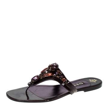 Pre Owned Gina Burgundy Patent Leather Embellished Thong Flat Sandals Size 41