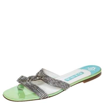 Pre Owned Gina Metallic Silver Leather Crystal Embellished Flat Slides Size 41