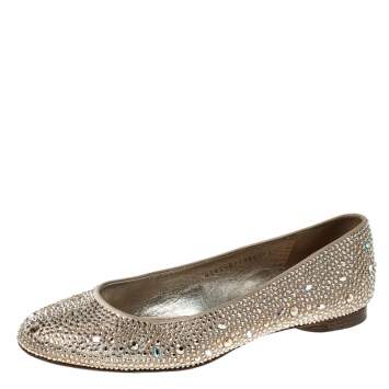 Pre Owned Gina Beige Crystal Embellished Satin Ballet Flats Size 39.5