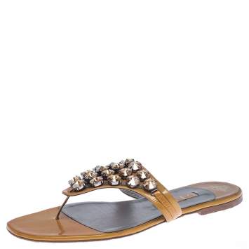 Pre Owned Gina Mustard Patent Leather Studded Thong Flat Sandals Size 41