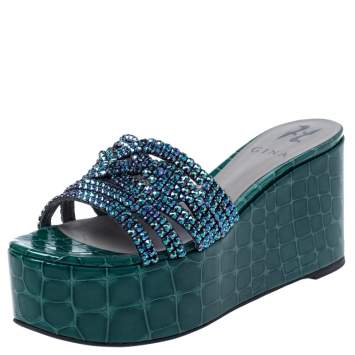 Pre Owned Gina Green Croc Embossed Leather Embellished Wedge Platform Sandals Size 37.5