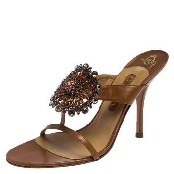 Pre Owned Gina Brown Leather Embellished Strappy Sandals Size 41