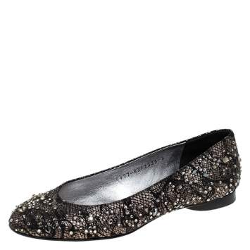 Pre Owned Gina Black Lace Crystal Embellished Ballet Flats Size 36