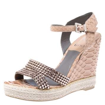 Pre Owned Gina Beige Python Leather Crystal Embellished Wedge Platform Sandals Size 38.5