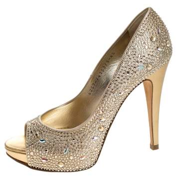 Pre Owned  Gina Beige Satin Crystal Embellished Peep Toe Platform Pumps Size 37.5