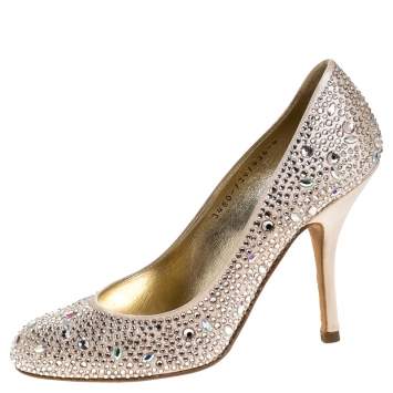 Pre Owned Gina Beige Crystal Embellished Satin Pumps Size 37