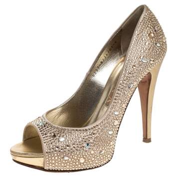 Pre Owned Gina Beige Satin Crystal Embellished Peep Toe Platform Pumps Size 39