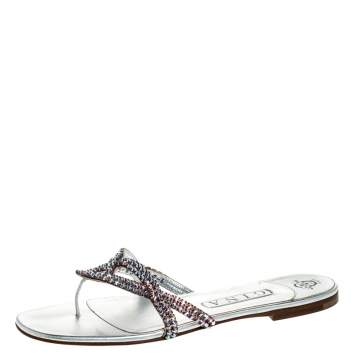 Pre Owned Gina Metallic Pink Crystal Embellished Leather Thong Flats Size 39