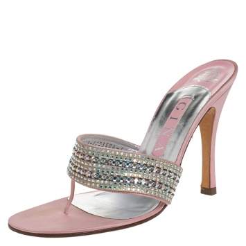 Pre Owned Gina Pink Satin Crystal Embellished Thong Sandals Size 38.5