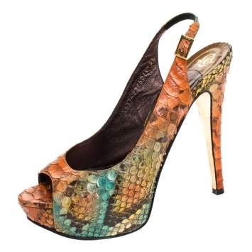 Pre Owned Gina Multicolor Python Leather Peep Toe Platform Slingback Sandals Size 38.5