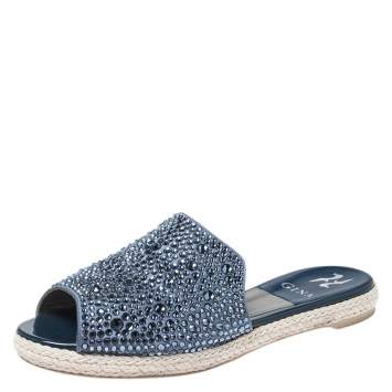 Pre Owned Gina Blue Crystal Embellished Satin Peep Toe Espadrille Flat Slides Size 38.5