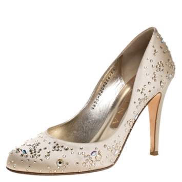 Pre Owned Gina Beige Satin Embellished Anny Pumps Size 38.5