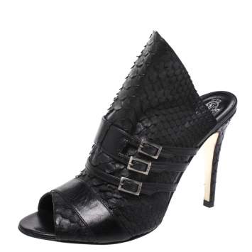 Pre Owned Gina Black Python and Leather Buckle Detail Peep Toe Mules Size 39