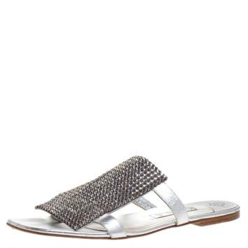 Pre Owned Gina Silver Crystal Embellished Leather Flat Slides Size 40