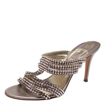 Pre Owned Gina Metallic Lilac Crystal Embellished Slides Size 39