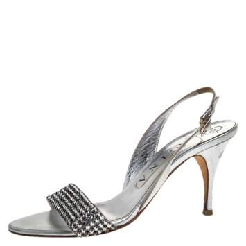 Pre Owned Gina Silver Crystal Embellished Slingback Sandals Size 37.5