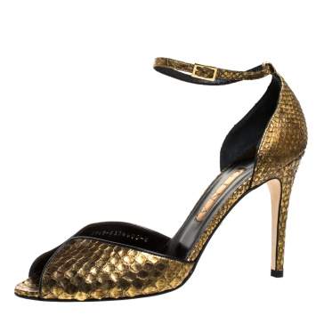 Pre Owned Gina Gold/Black Python Peep Toe Ankle Strap Sandals Size 41