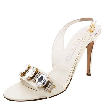 Pre Owned Gina White Leather Crystal Embellished Slingback Sandals Size 41