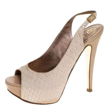 Pre Owned Gina Cream Python Embossed Leather Peep Toe Blake Platform Slingback Sandals Size 36.5