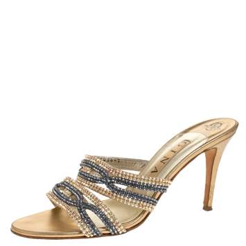 Pre Owned Gina Gold Leather Crystal Embellished Open Toe Sandals Size 40