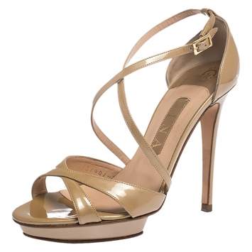 Pre Owned Gina Beige Patent Leather Strappy Platform Sandals Size 38