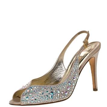Pre Owned Gina Beige Satin Crystal Embellished Slingback Sandals Size 40