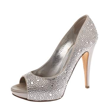 Pre Owned Gina Grey Satin Crystal Embellished Peep Toe Platform Pumps Size 38.5