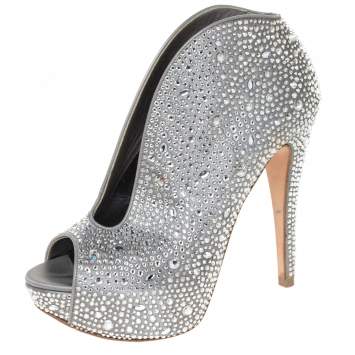 Pre Owned Gina Grey Satin Crystal Embellished Calamity Boots Size 37.5