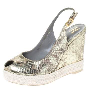 Pre Owned Gina Metallic Gold Python Leather Wedge Espadrille Platform Slingback Sandals Size 36.5