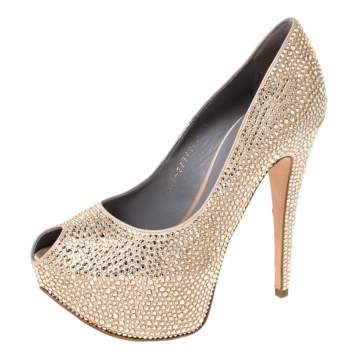 Pre Owned Gina Beige Satin Crystal Embellished Peep Toe Platform Pumps Size 38.5