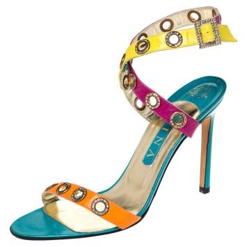 Pre Owned Gina Multicolor Leather Crystal Embellished Ankle Strap Sandals Size 40