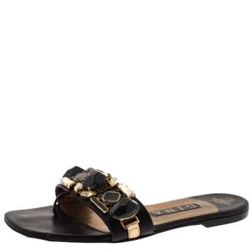 Pre Owned Gina Black Leather Crystal Embellished Flat Slides Size 38