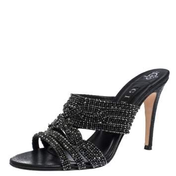 Pre Owned Gina Black Crystal Embellished Leather Slide Sandals Size 41