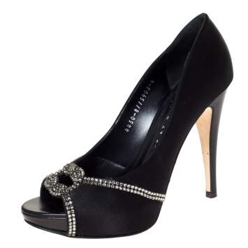 Pre Owned Gina Black Satin Crystal Embellished Platform Peep Toe Pumps Size 39