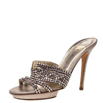 Pre Owned Gina Metallic Lilac Crystal Embellished Leather Platform Sandals Size 39