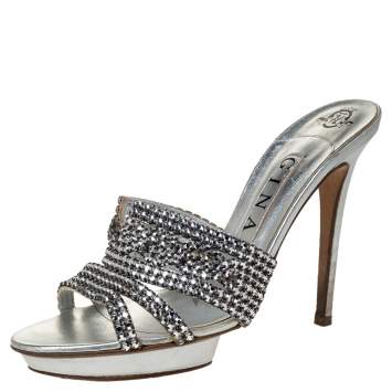 Pre Owned Gina Silver Crystal Embellished Leather Platform Sandals Size 39