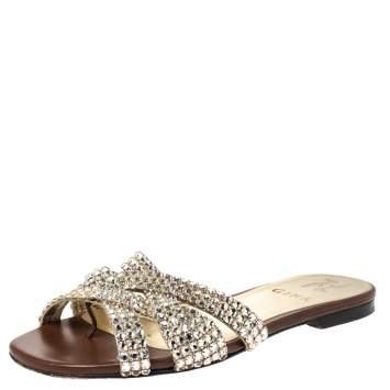 Pre Owned Gina Brown Crystal Embellished Leather Criss Cross Flats Size 36