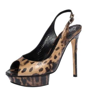 Pre Owned Gina Brown/Black Leopard Print Leather Peep Toe Platform Slingback Sandals Size 37