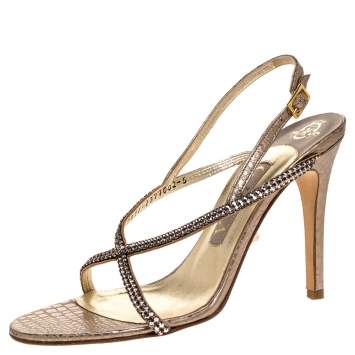 Pre Owned Gina Metallic Pink Embossed Leather Astor Cross Ankle Strap Sandals Size 38