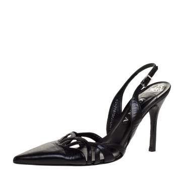 Pre Owned Gina Black Leather Pointed Toe Slingback Sandals Size 40.5