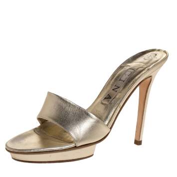 Pre Owned Gina Metallic Gold Leather Slide Sandals Size 37