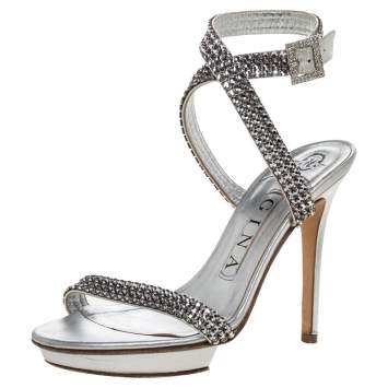 Pre Owned Gina Metallic Silver Crystal Embellished Leather Cross Ankle Strap Sandals Size 35
