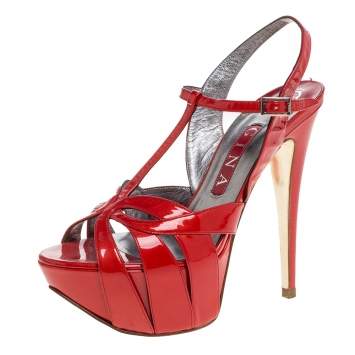 Pre Owned Gina Red Patent Leather T Strap Platform Sandals Size 38