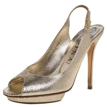 Pre Owned Gina Metallic Gold Lizard Embossed Leather Platform Peep Toe Slingback Sandals Size 39.5
