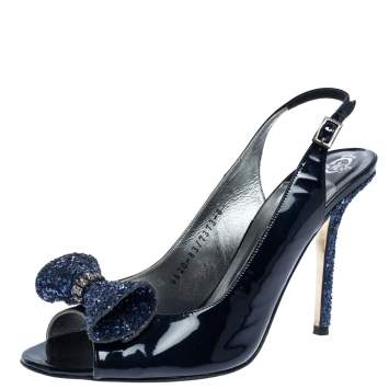 Pre Owned Gine Blue Patent Leather And Glitter Bow Embellished Slingback Open Toe Sandals Size 41