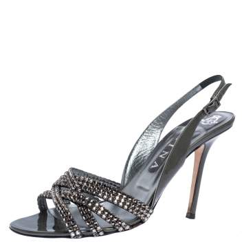Pre Owned Gina Dark Grey Patent Leather Crystal Embellished Slingback Sandals Size 40.5